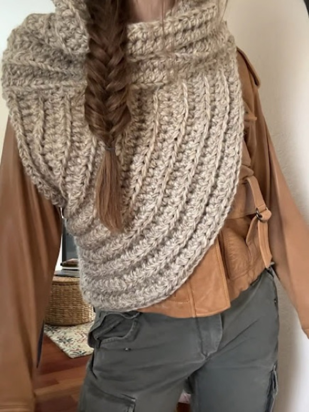 Handmade Crochet Crossbody Huntress Katniss Cowl Scarf Vest –Taupe/Beige Size OS